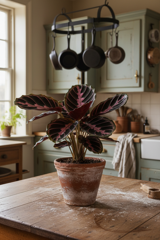 Calathea Dottie plant in terracotta pot with pink-veined leaves Rooted Treasures Farms on Tampa Home & Garden Store