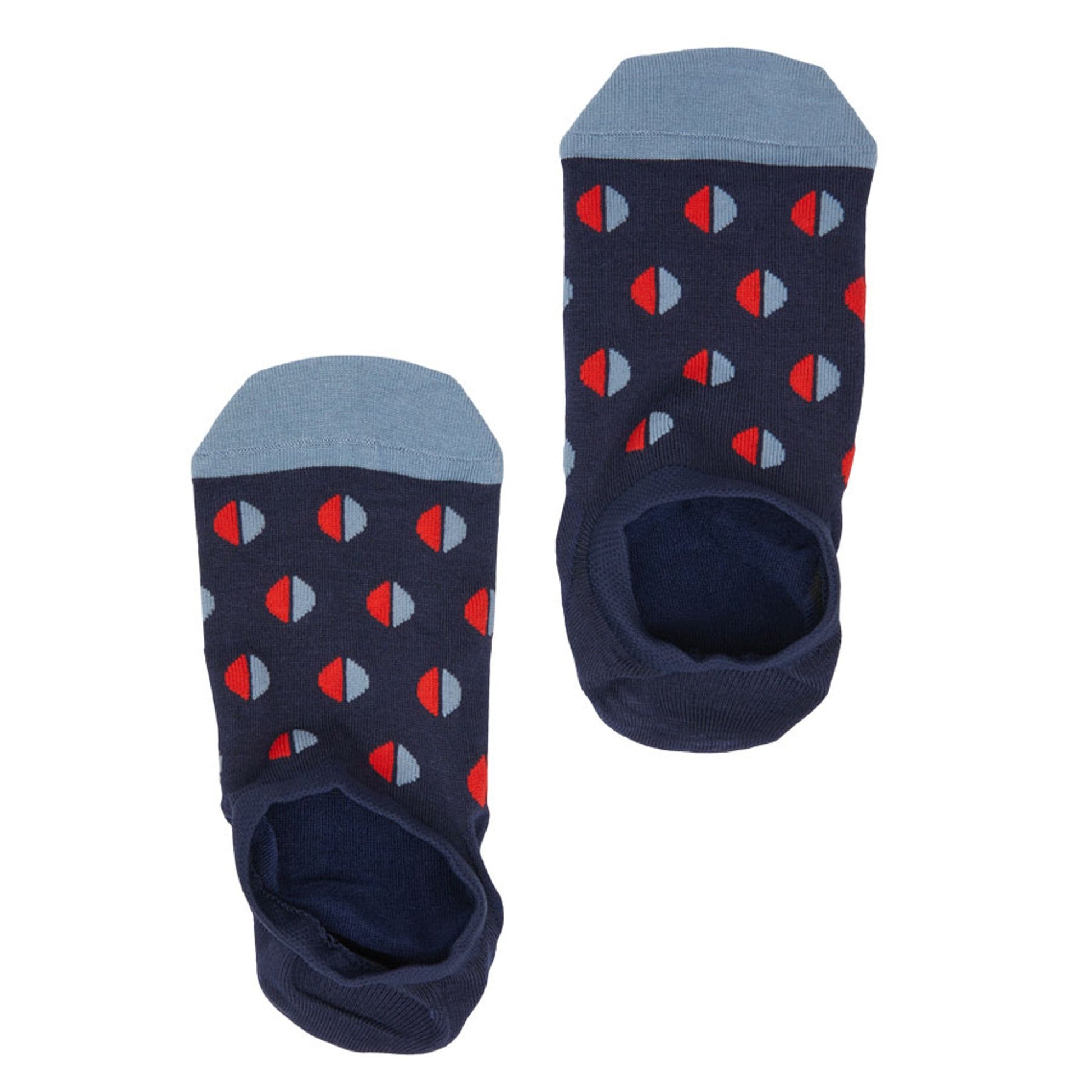 Cameron No Show footie socks by DeadSoxy navy with light blue cuffs and red/blue dot pattern on Tampa Home & Garden Store