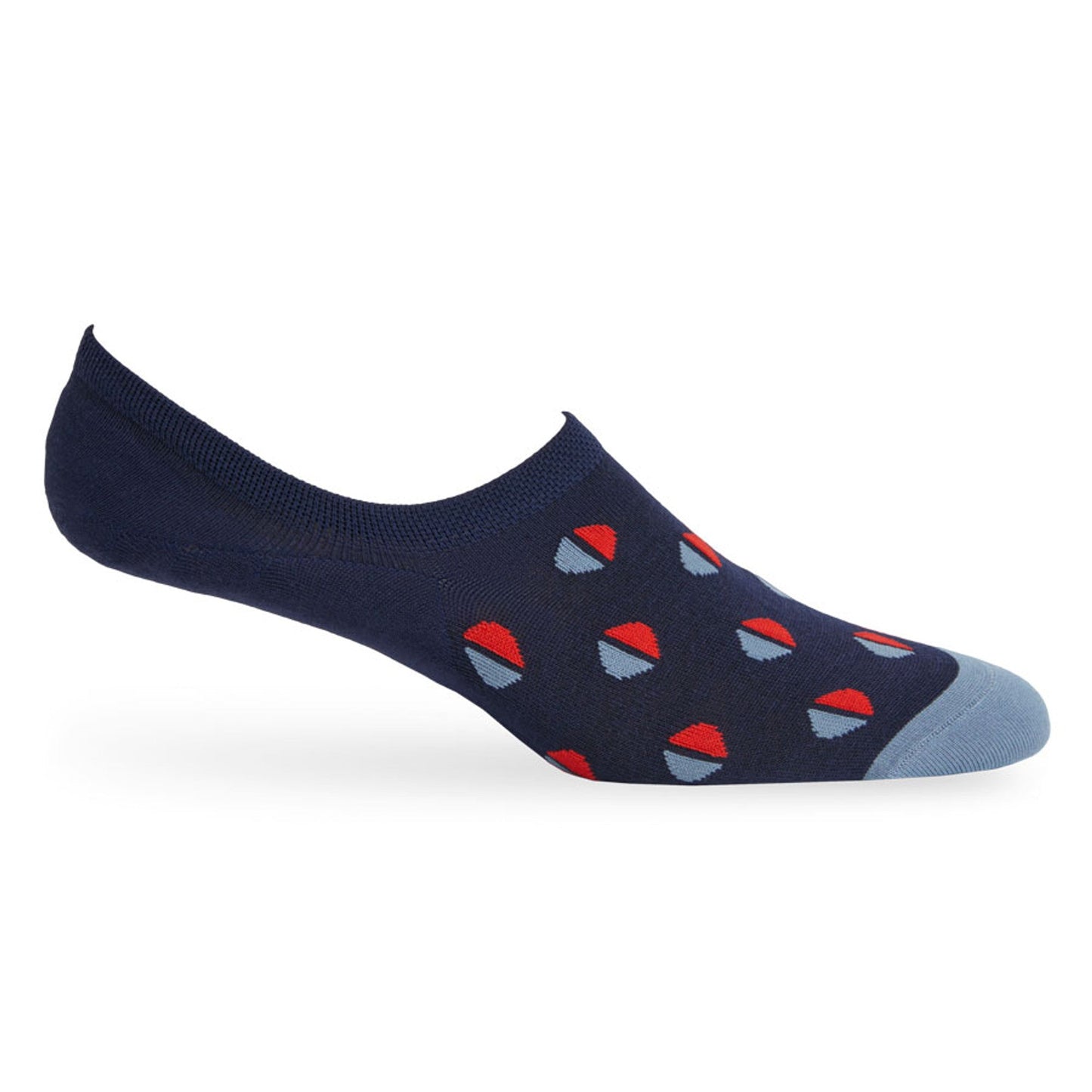 Cameron No Show sock, DeadSoxy navy footie with red blue triangles, 1 pair on Tampa Home & Garden Store