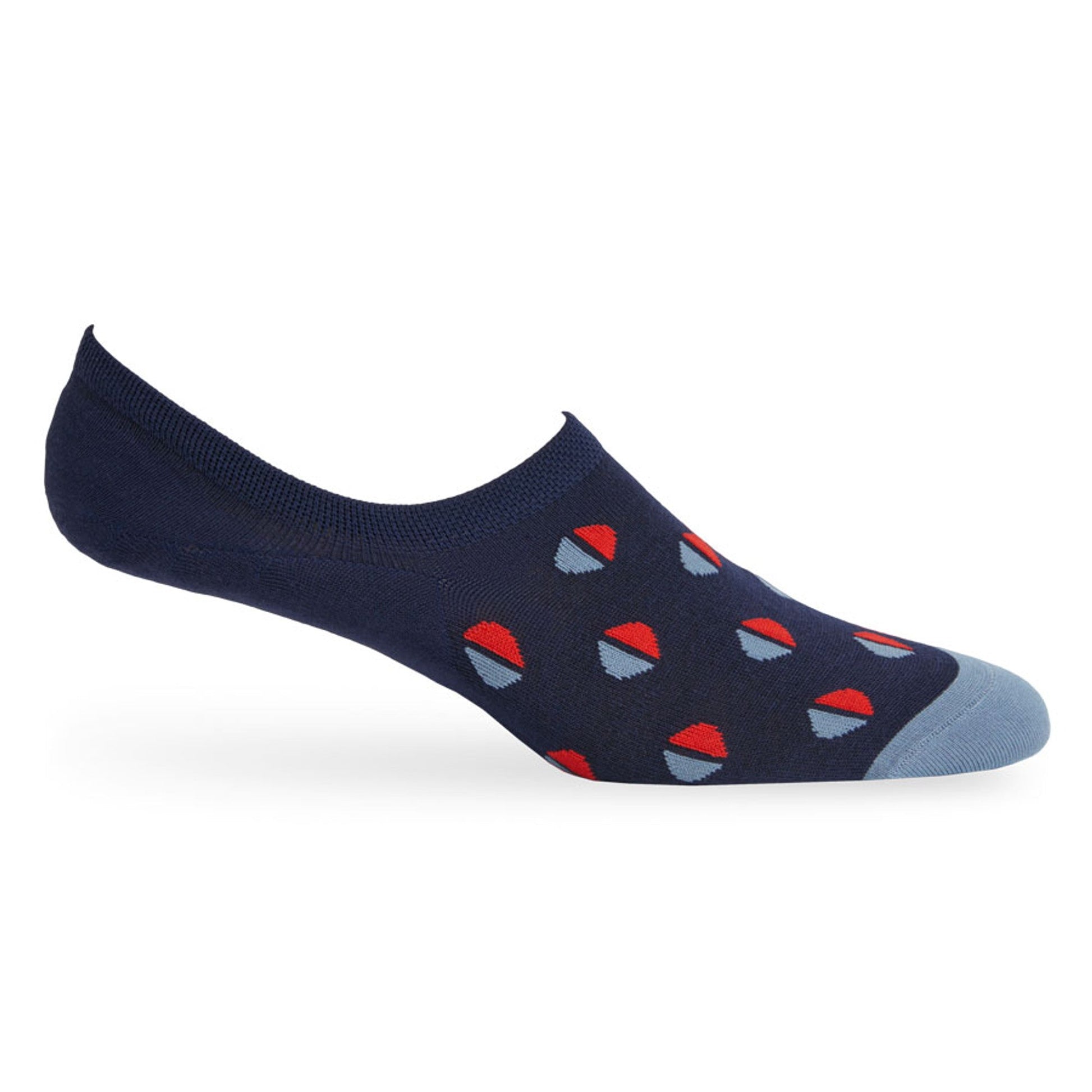 Cameron No Show sock, DeadSoxy navy footie with red blue triangles, 1 pair on Tampa Home & Garden Store