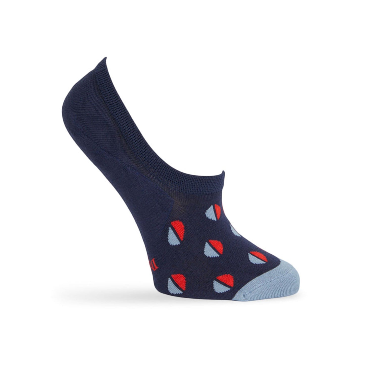DeadSoxy Cameron No Show womens footie sock navy knit with red and light blue shapes on Tampa Home & Garden Store