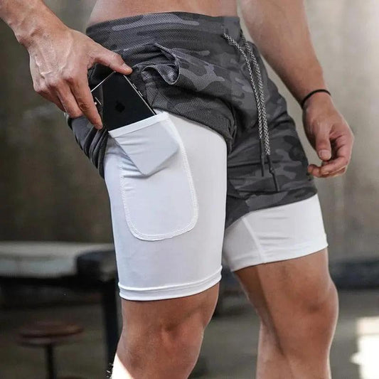 Stevvex men's camo 2-in-1 running shorts with quick-dry fabric and white side pocket on Tampa Home & Garden Store