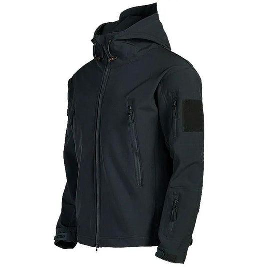 Black lightweight tactical windproof waterproof jacket with hood and multiple zip pockets on Tampa Home & Garden Store
