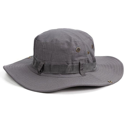 Stevvex gray bucket hat with adjustable strap, eyelets and wide brim on Tampa Home & Garden Store