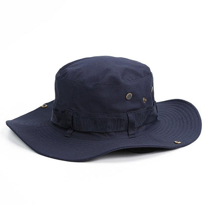 Stevvex navy bucket hat with wide brim, adjustable strap for outdoor use on Tampa Home & Garden Store