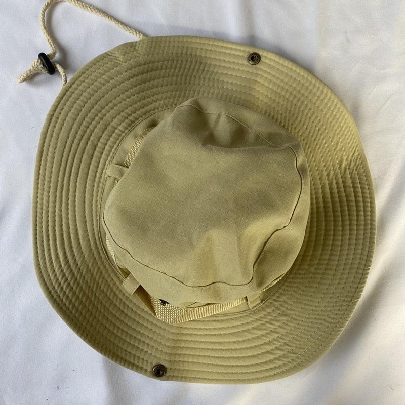 Bucket hat khaki beige with wide brim and drawstring chin cord foldable sun hat unisex on Tampa Home & Garden Store