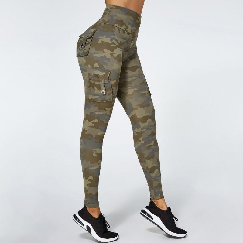 Stevvex camouflage leggings with pockets, green camo print, high-waist slim fit cargo pockets on Tampa Home & Garden Store