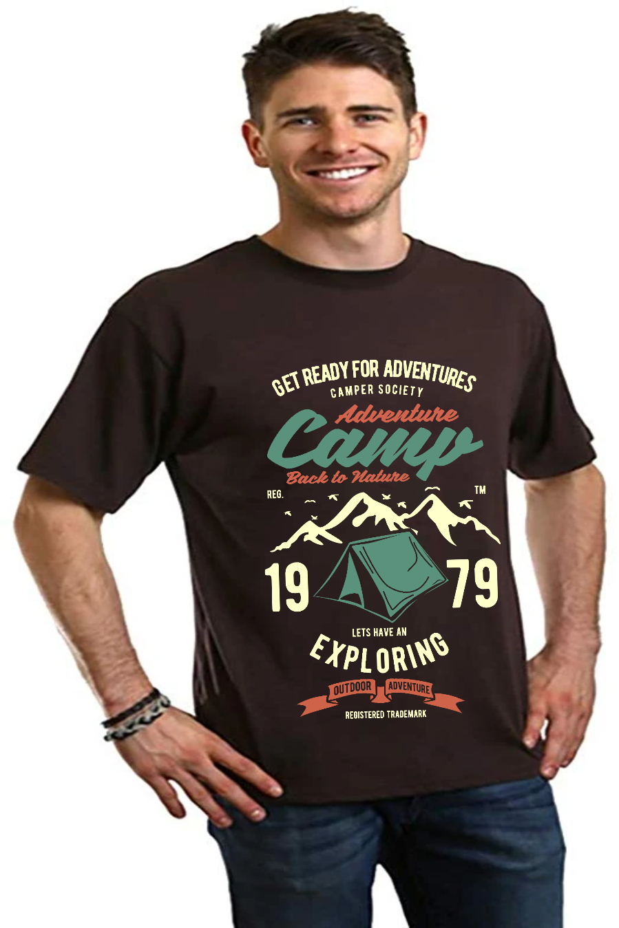 Camp Adventure graphic tee by Spun Bamboo in dark brown with tent print on Tampa Home & Garden Store