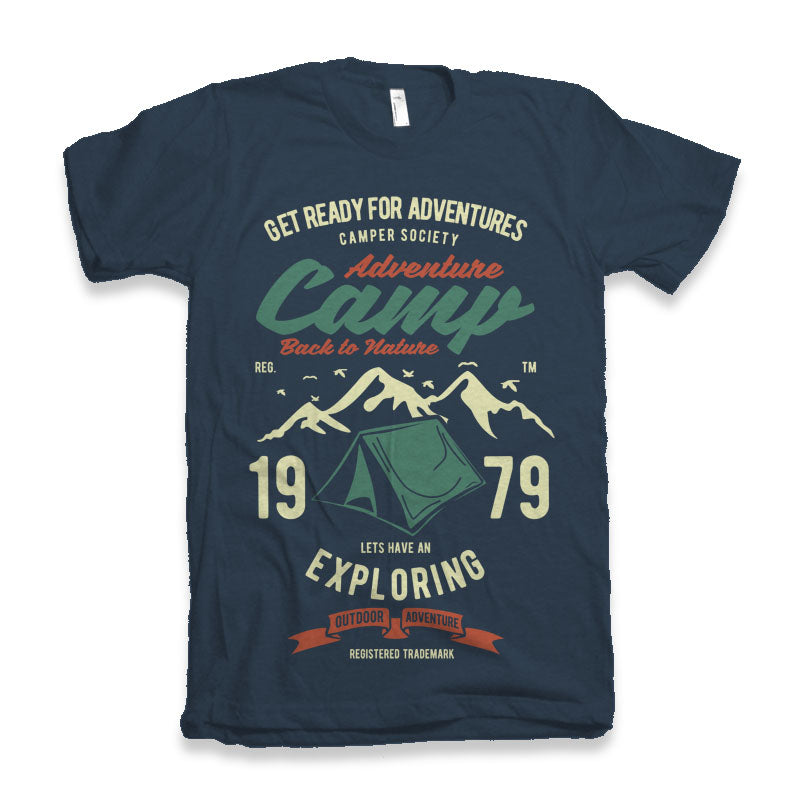 Camp Adventure men's bamboo viscose/organic cotton graphic T-shirt, navy with green red print on Tampa Home & Garden Store