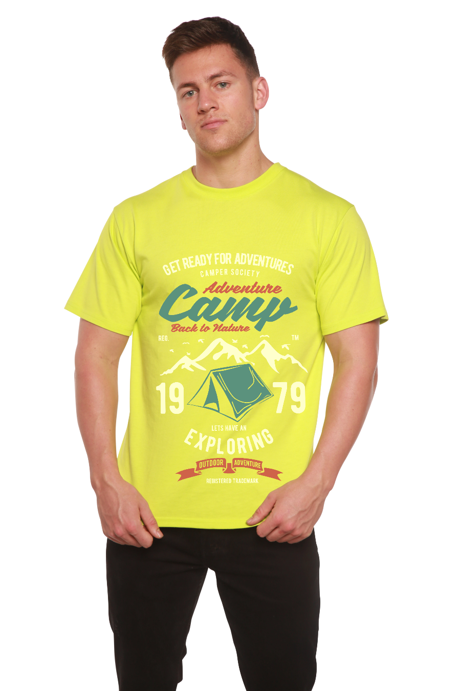 Mens Camp Adventure graphic tshirt neon yellow short sleeve with tent print by Spun Bamboo on Tampa Home & Garden Store