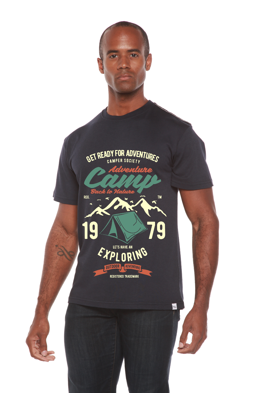 Camp Adventure men's bamboo viscose/organic cotton tee in navy with tent print Spun Bamboo on Tampa Home & Garden Store