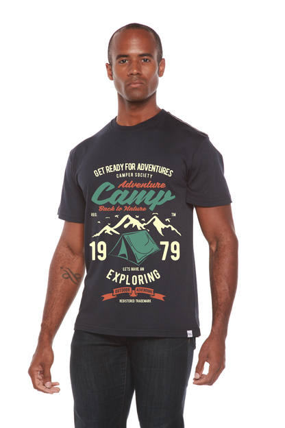 Camp Adventure men's bamboo viscose/organic cotton tee in navy with tent print Spun Bamboo on Tampa Home & Garden Store