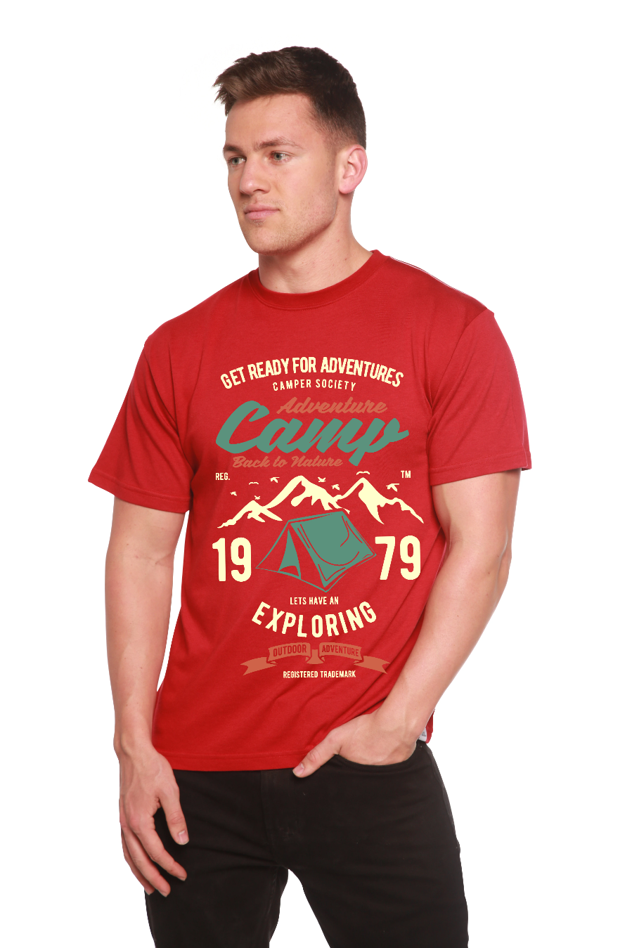 Mens Camp Adventure graphic T-shirt red short-sleeve with camping tent and mountain design on Tampa Home & Garden Store