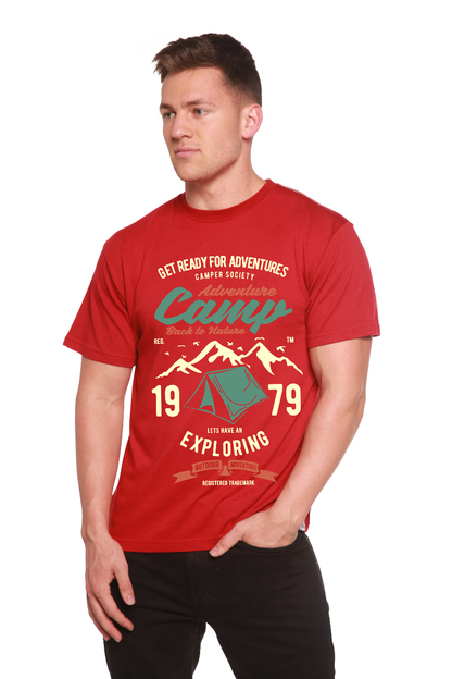 Mens Camp Adventure graphic T-shirt red short-sleeve with camping tent and mountain design on Tampa Home & Garden Store