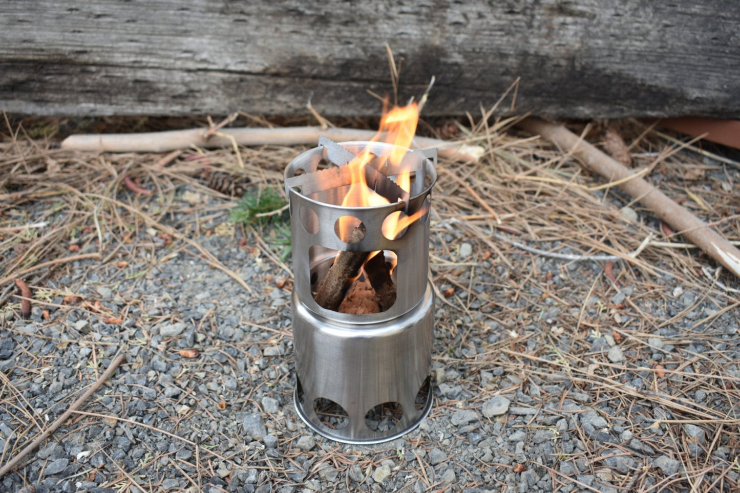 Bio Fuel Stove by River Country Gear stainless steel stove with perforated sides and flame on Tampa Home & Garden Store