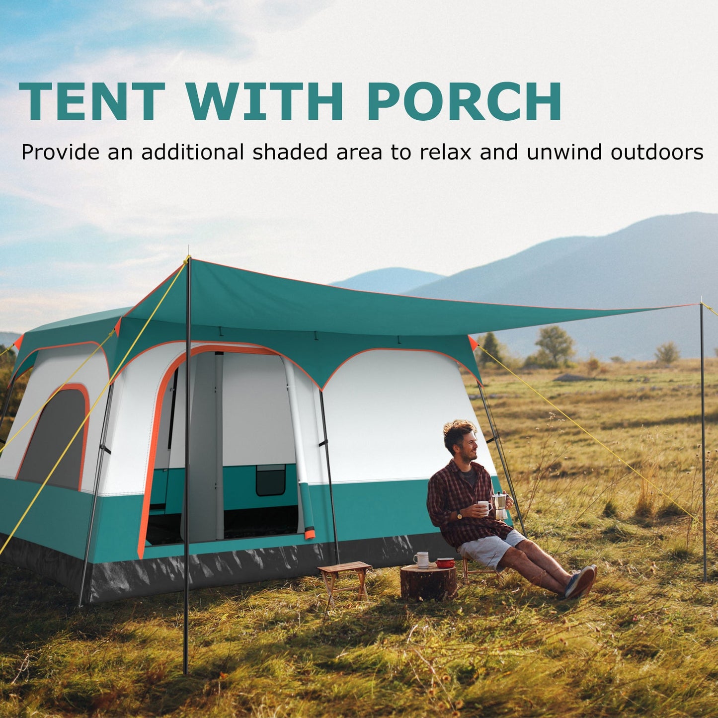 GemGear Vis-A-Vis 6-8 person camping tent with double rooms and 2 doors teal with porch on Tampa Home & Garden Store