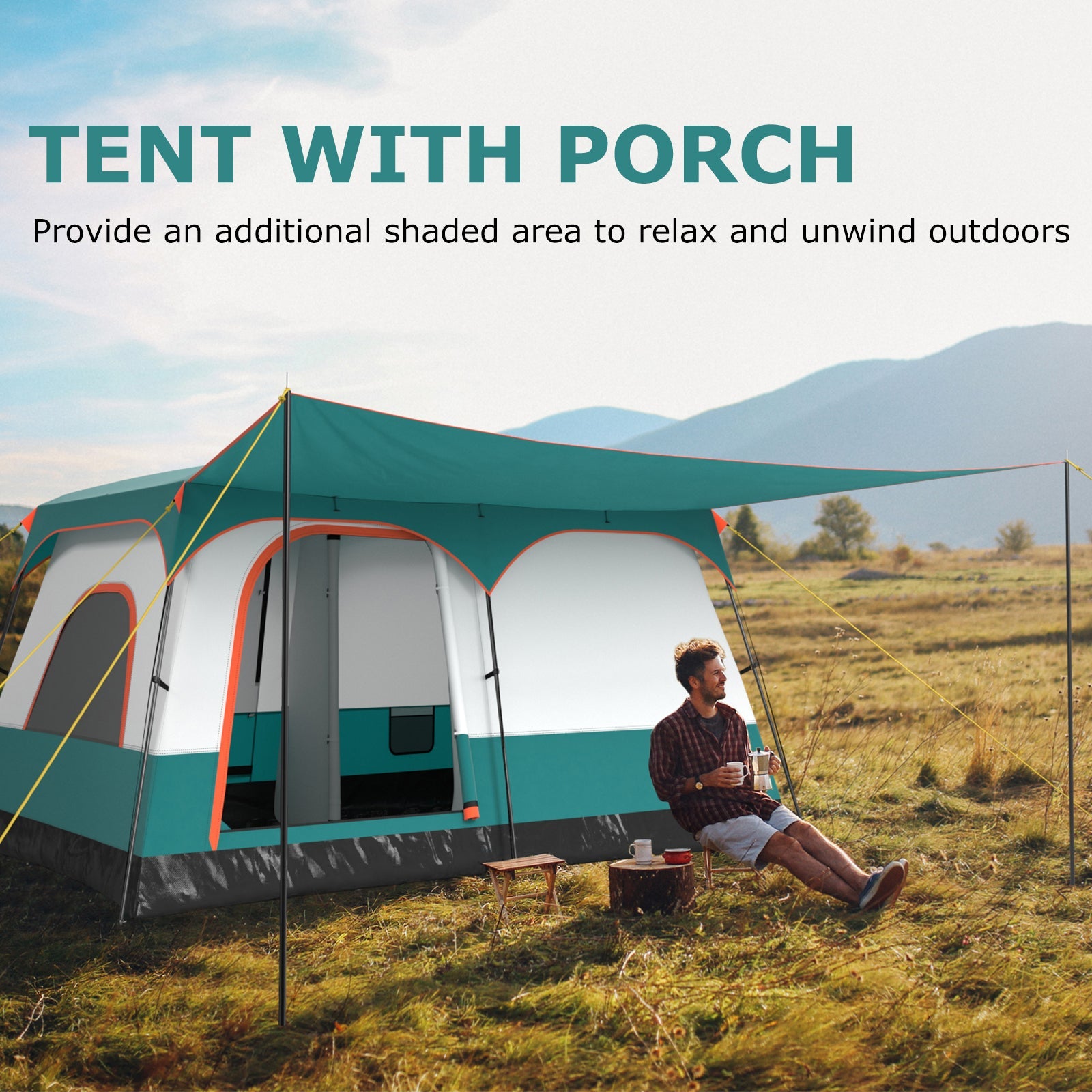 GemGear Vis-A-Vis 6-8 person camping tent with double rooms and 2 doors teal with porch on Tampa Home & Garden Store