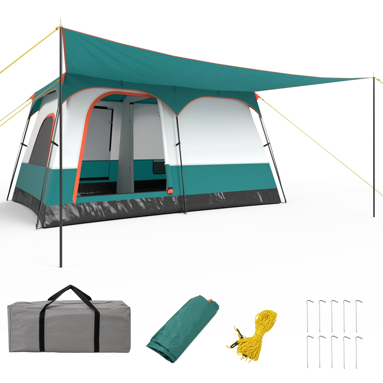 GemGear 6-8 Person Vis-A-Vis camping tent with double rooms and 2 doors teal and orange trim on Tampa Home & Garden Store