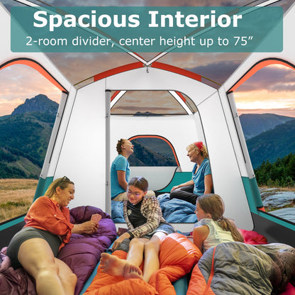 GemGear 6-8 Person Vis-A-Vis tent interior with rooms and 2 doors, friends on sleeping bags on Tampa Home & Garden Store