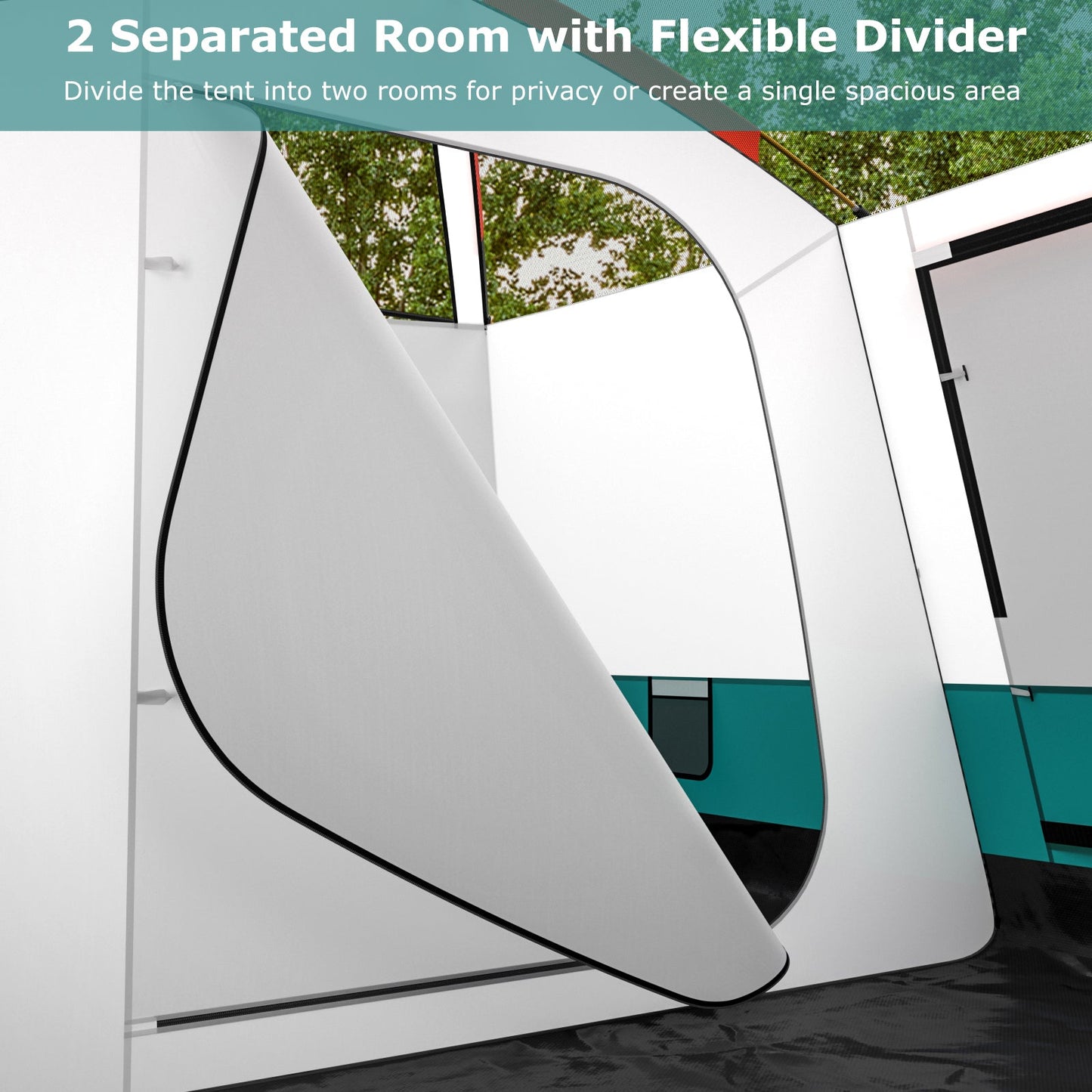 6-8 Person Camping Tent with Double Rooms and 2 Doors GemGear Vis-A-Vis white tent with teal accents on Tampa Home & Garden Store