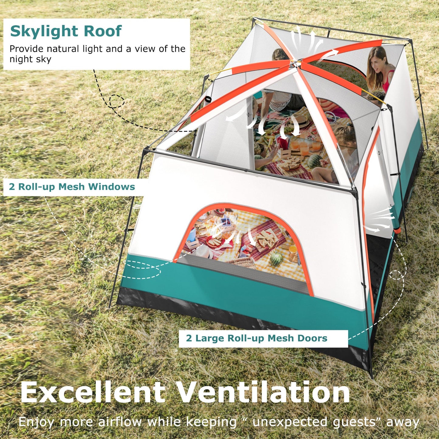 GemGear 6-8 Person Vis-Vis Tent with double rooms and 2 doors in white/teal, skylight roof on Tampa Home & Garden Store