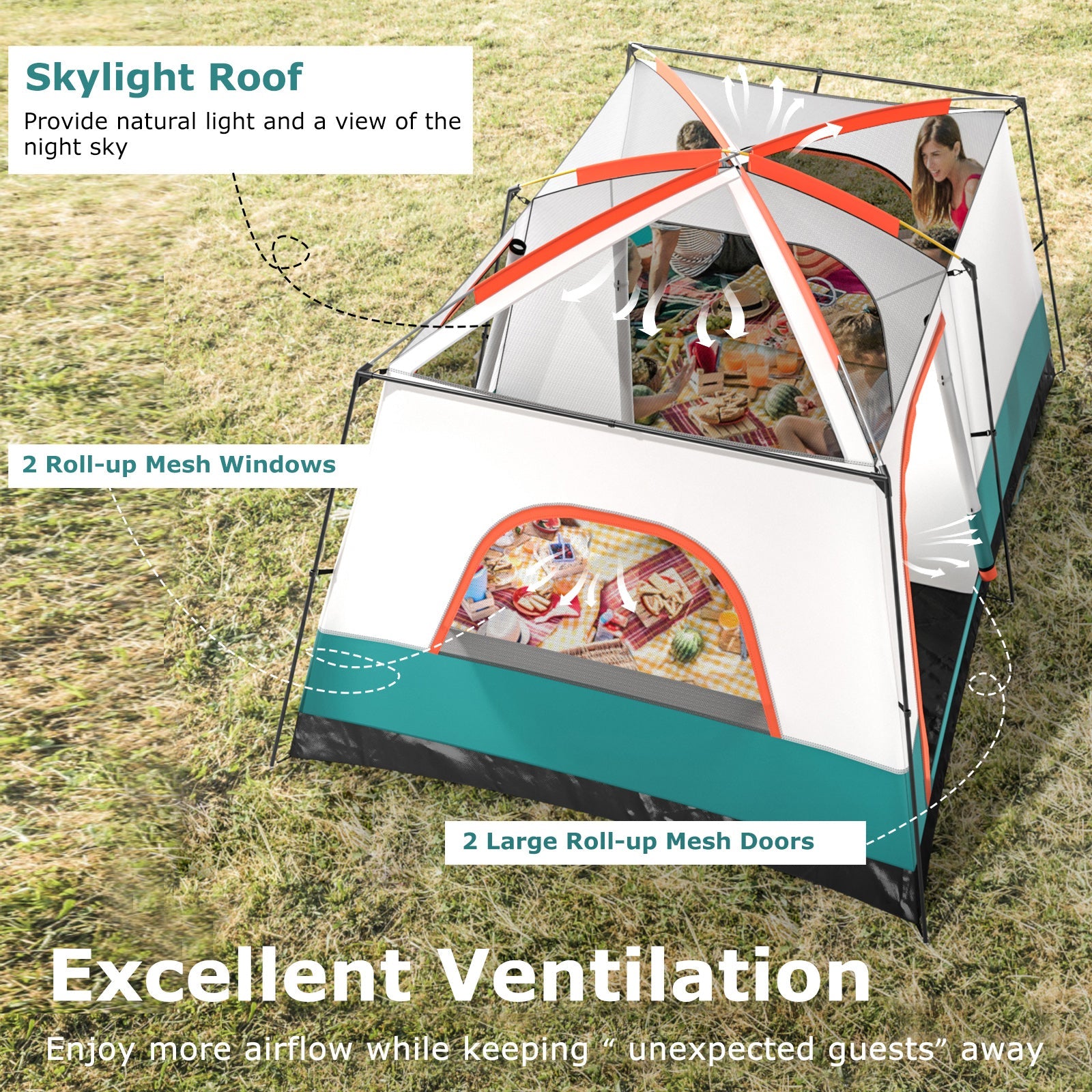 GemGear 6-8 Person Vis-Vis Tent with double rooms and 2 doors in white/teal, skylight roof on Tampa Home & Garden Store