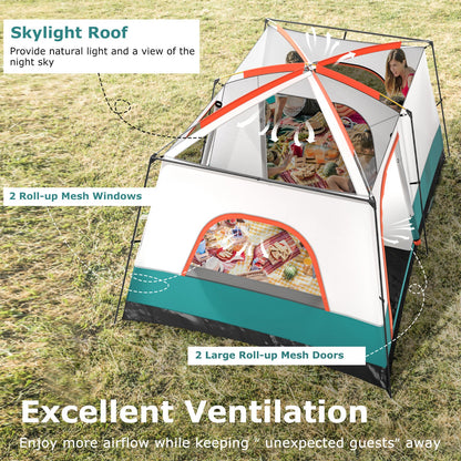 GemGear 6-8 Person Vis-Vis Tent with double rooms and 2 doors in white/teal, skylight roof on Tampa Home & Garden Store