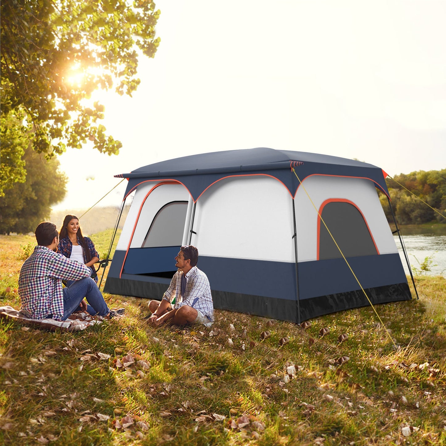 GemGear 6-8 Person Camping Tent with 2 doors, navy-gray with orange trim, pitched outdoors on Tampa Home & Garden Store