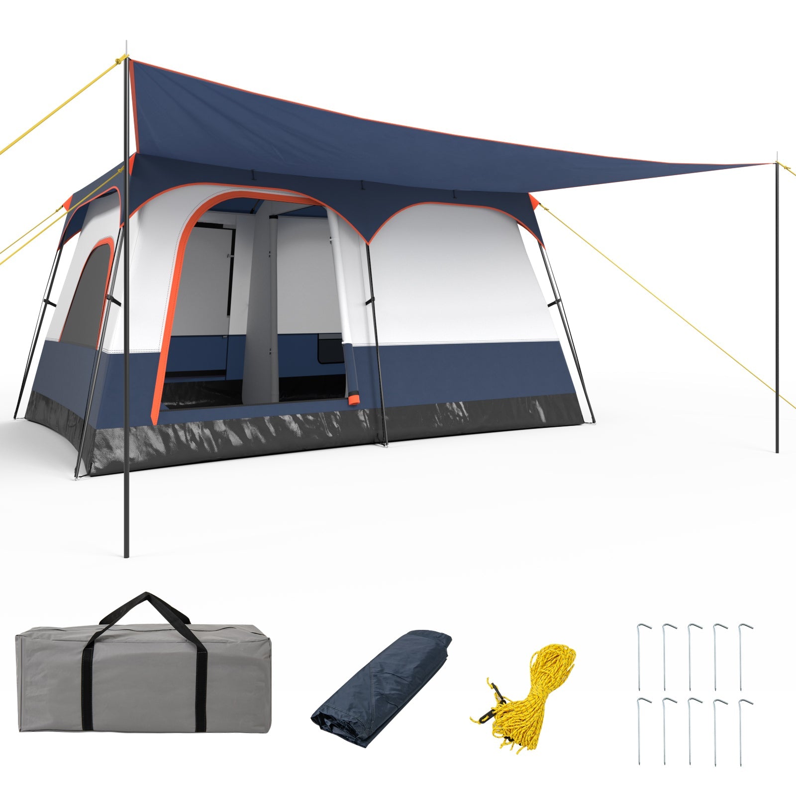 6-8 Person Camping Tent GemGear Vis-A-Vis double rooms and 2 doors navy gray orange trim carry bag on Tampa Home & Garden Store