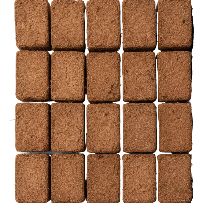 Grid of 20 coco coir bricks on a white background