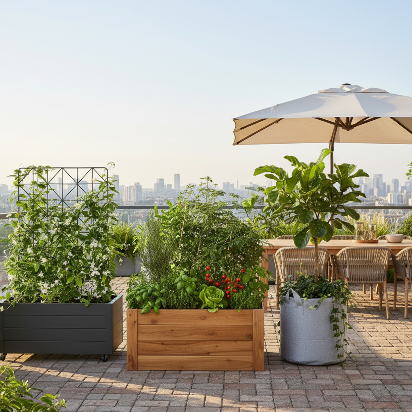 Outdoor patio with table, chairs, and potted plants on a rooftop with cityscape view.