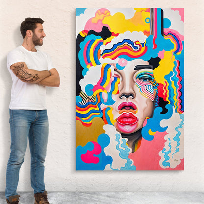 Canvas Print Candy Face by Tailored Canvases, vibrant abstract portrait with rainbow swirls on Tampa Home & Garden Store