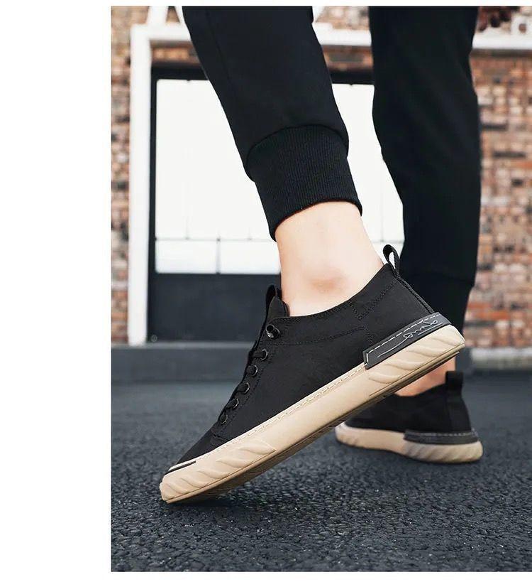 Stevvex canvas men's sneakers black upper beige sole lightweight casual walking shoes pair on Tampa Home & Garden Store