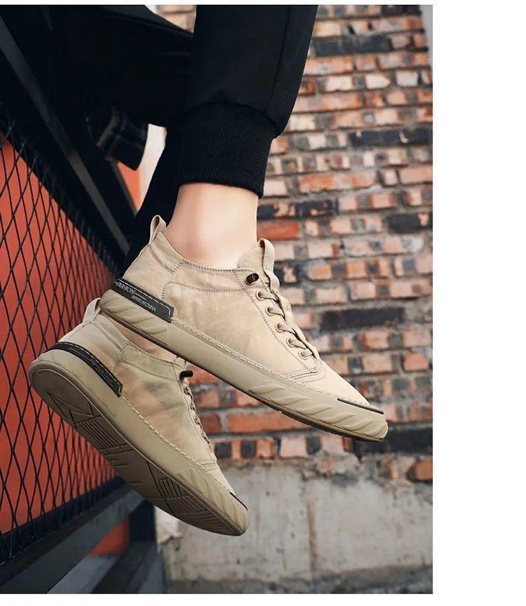 Stevvex canvas men's casual sneakers tan beige, lace-up walking shoes in modern design on Tampa Home & Garden Store