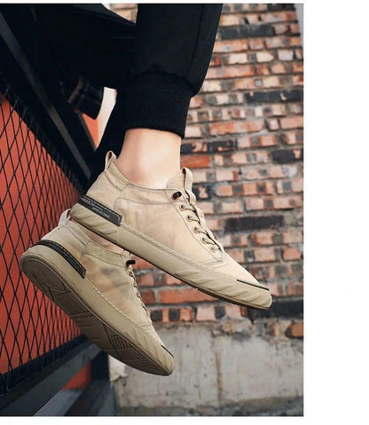 Stevvex canvas men's casual sneakers tan beige, lace-up walking shoes in modern design on Tampa Home & Garden Store