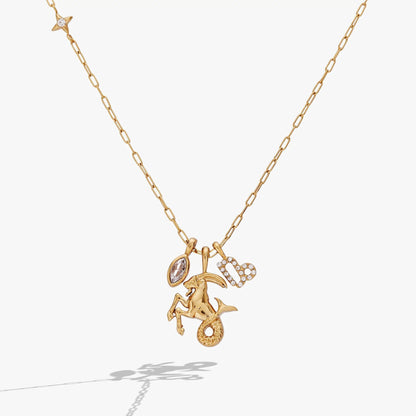 Capricorn Zodiac Charm Cluster Necklace Gold