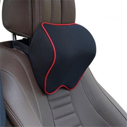 Car neck headrest pillow with memory foam, navy cover with red piping for driving on Tampa Home & Garden Store