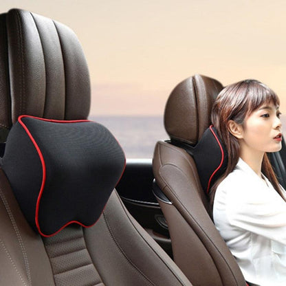 Stevvex car neck headrest pillow, black memory foam cushion with red piping, adjust strap on Tampa Home & Garden Store