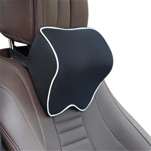 Car neck headrest pillow Stevvex, black memory foam cushion with white trim, adjustable strap on Tampa Home & Garden Store