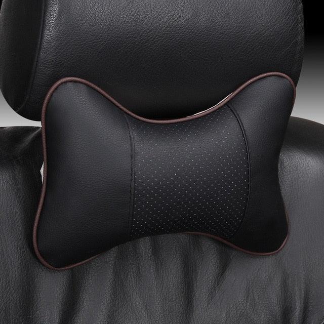 Stevvex car neck headrest pillow with memory foam, black perforated center and brown trim on Tampa Home & Garden Store