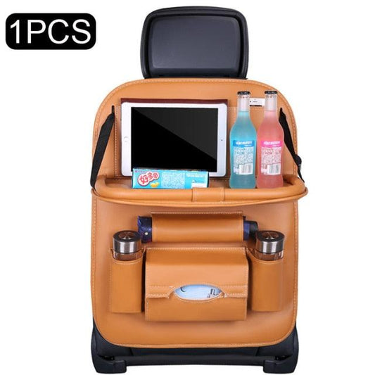 Stevvex PU leather car seat back organizer with tablet holder and foldable table tray, tan on Tampa Home & Garden Store