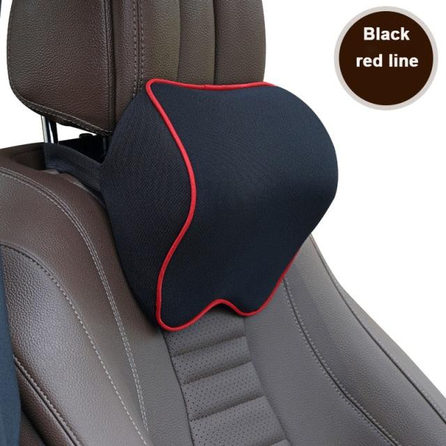 Stevvex car neck pillow navy fabric with red piping attached to headrest for neck support on Tampa Home & Garden Store