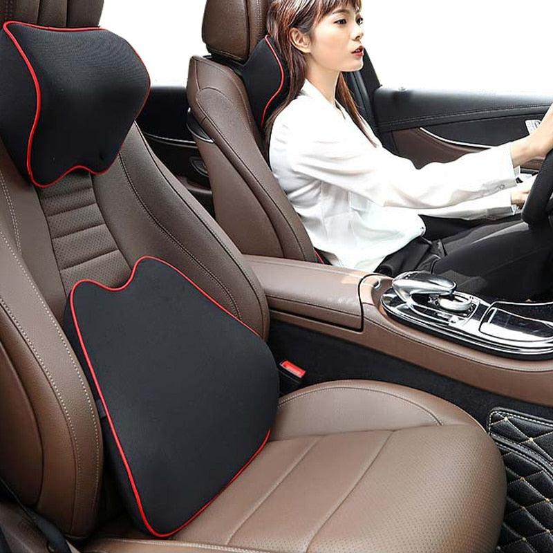 Car seat headrest pillow memory foam neck support, black with red piping, for car interior on Tampa Home & Garden Store