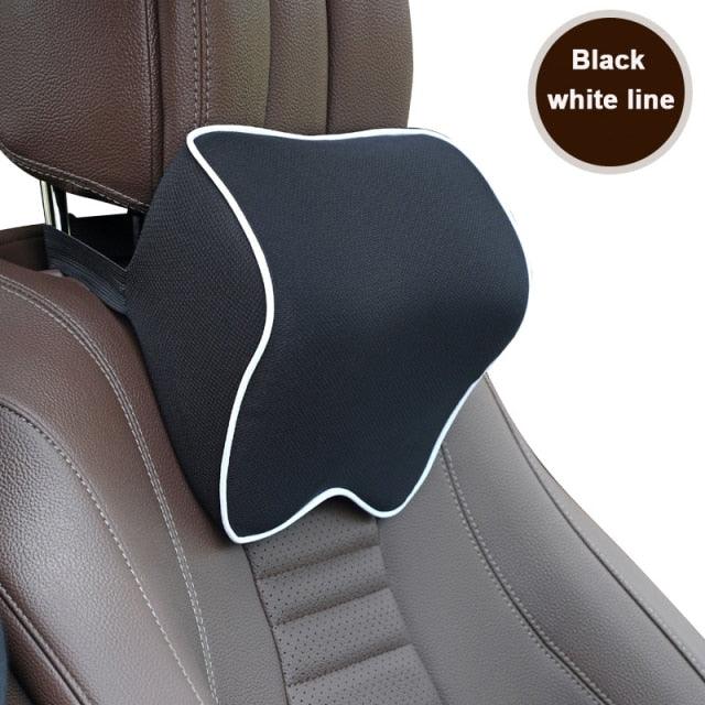 Car seat headrest pillow with memory foam, black with white piping, Stevvex car neck support on Tampa Home & Garden Store
