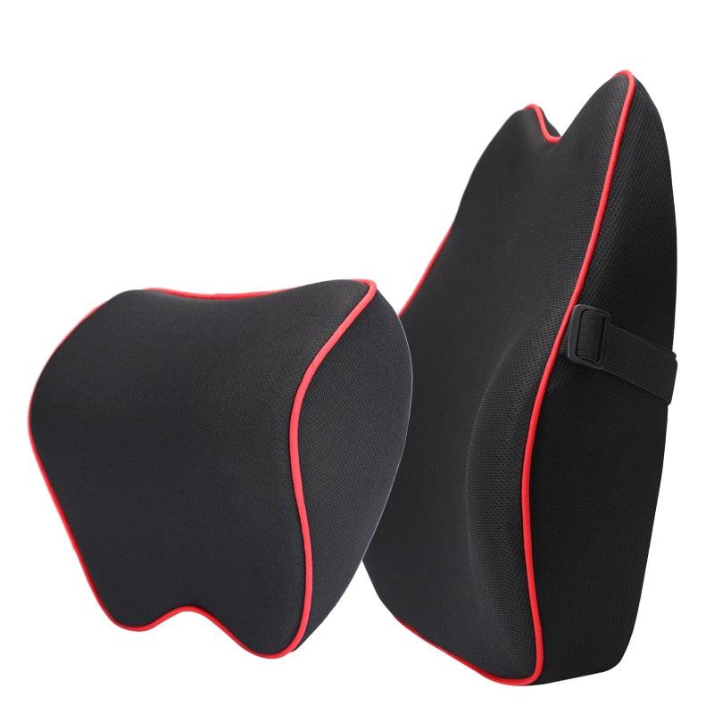 Car seat headrest pillow and lumbar cushion, memory foam, black with red piping, two-piece on Tampa Home & Garden Store