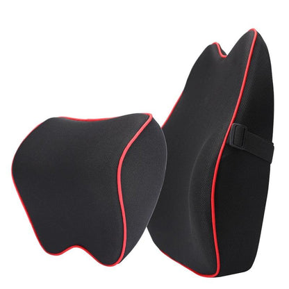 Car seat headrest pillow and lumbar cushion, memory foam, black with red piping, two-piece on Tampa Home & Garden Store