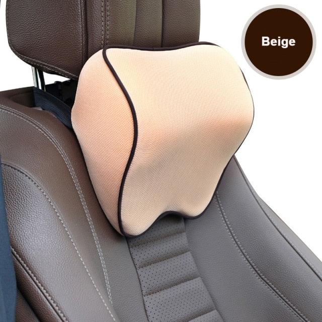 Beige car seat headrest pillow with black trim; memory foam neck support by Stevvex on Tampa Home & Garden Store