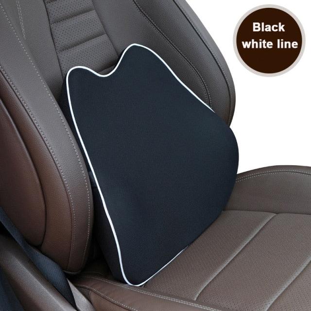 Car neck pillow memory foam by Stevvex with black fabric and white piping on car seat on Tampa Home & Garden Store