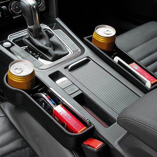 Car seat gap organizer Stevvex with universal fit and multiple storage pockets in black interior on Tampa Home & Garden Store