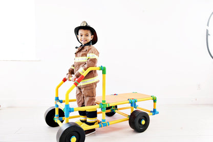 TubeLox Deluxe Set STEM toy: colorful wheeled frame with yellow, blue connectors on Tampa Home & Garden Store